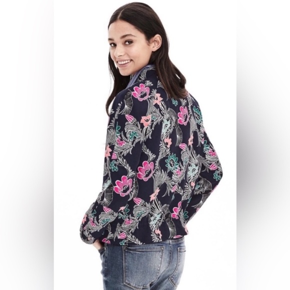 Banana Republic Bird Print Navy Floral Drapey Bomber Jacket, Full Zip, Lined, S - Picture 16 of 16